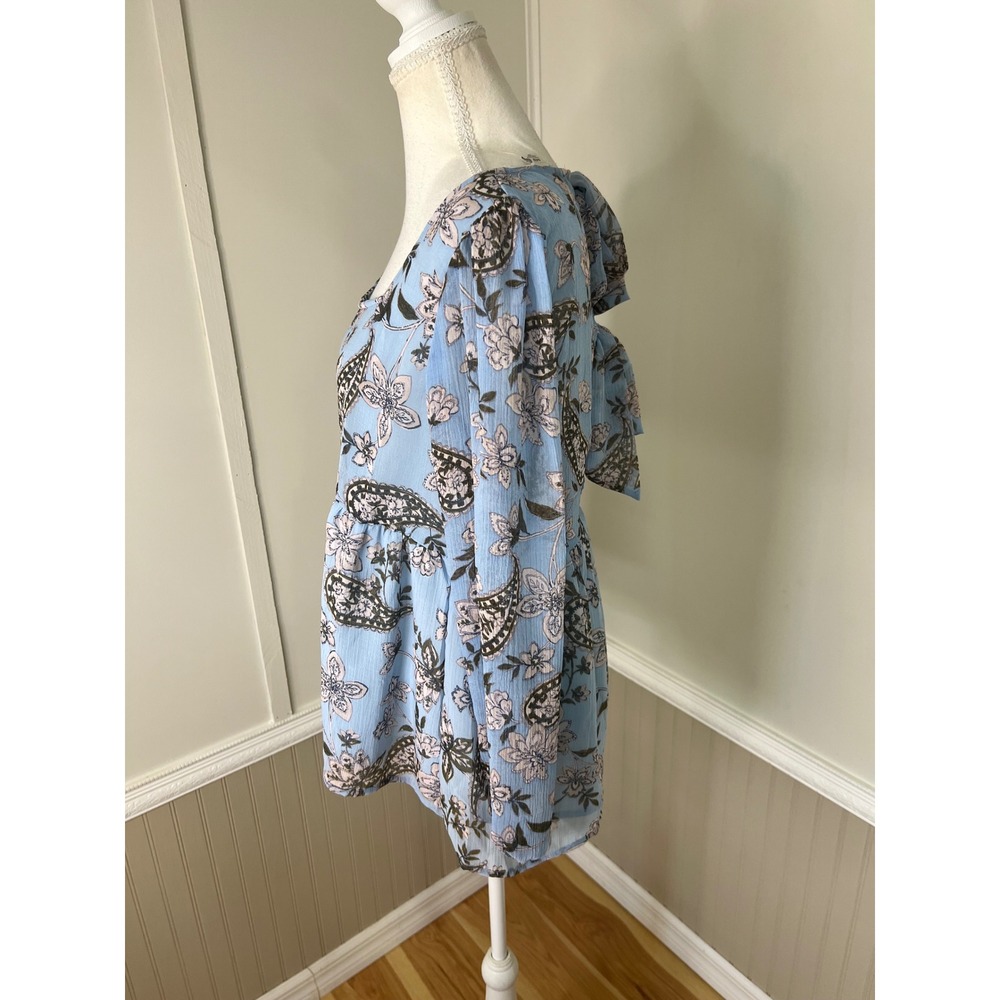 American Eagle Light Blue Paisley Floral Babydoll Tie Back Blouse Top Small - Picture 8 of 11